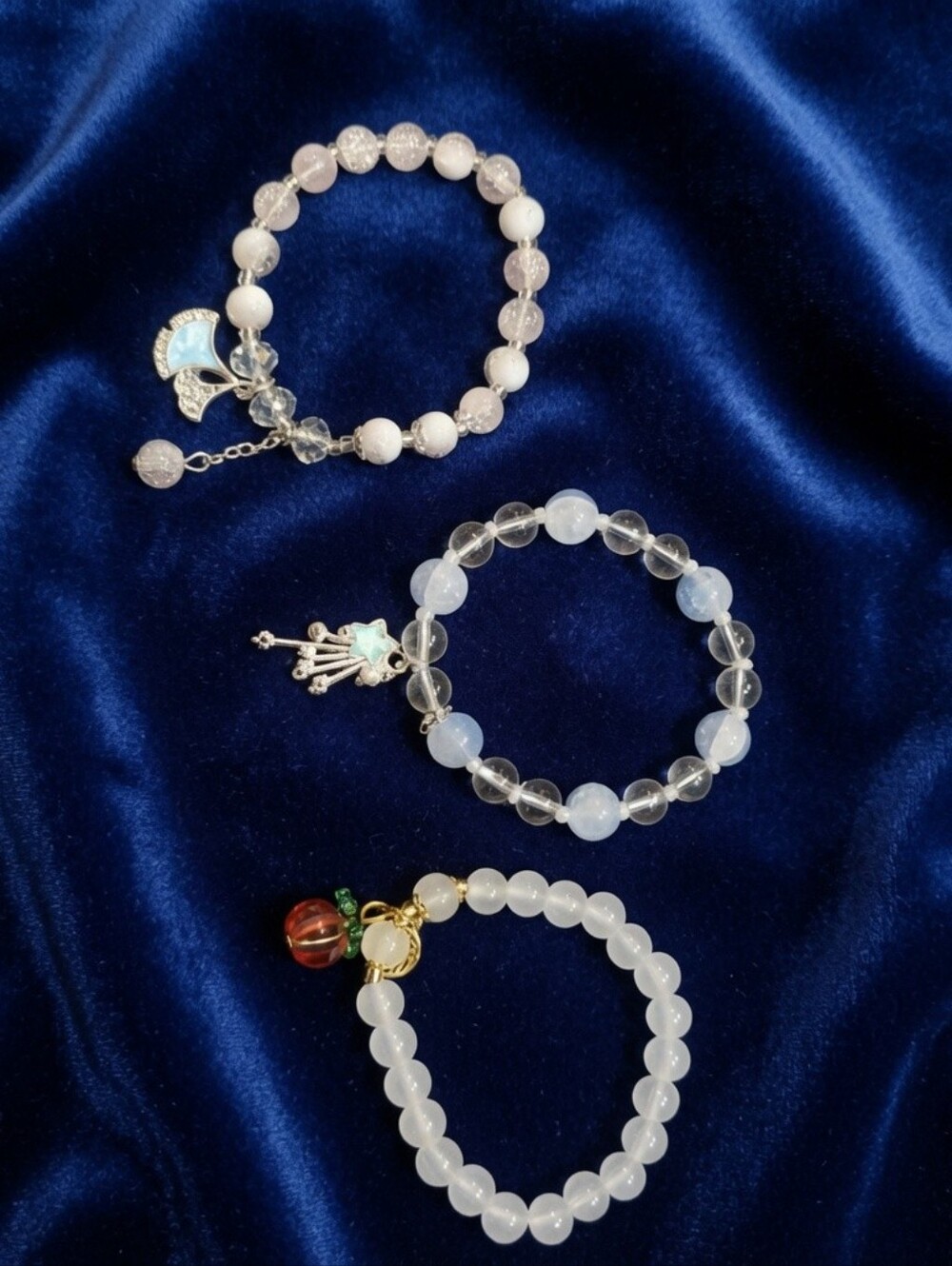White and Pastel Beaded Charm Bracelet Trio